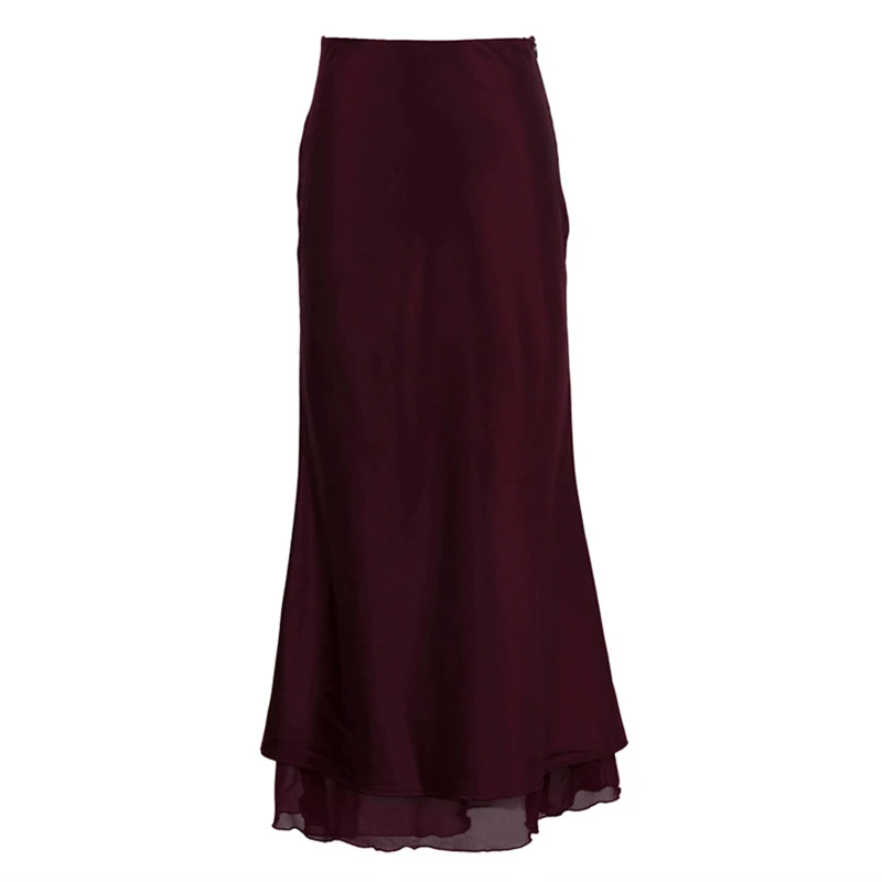 Tornova Elegant Satin Skirts For Women Mesh Double-layer Splicing Long Skirt Fashion High Waist Office Lady Solid Bodycon Skirt