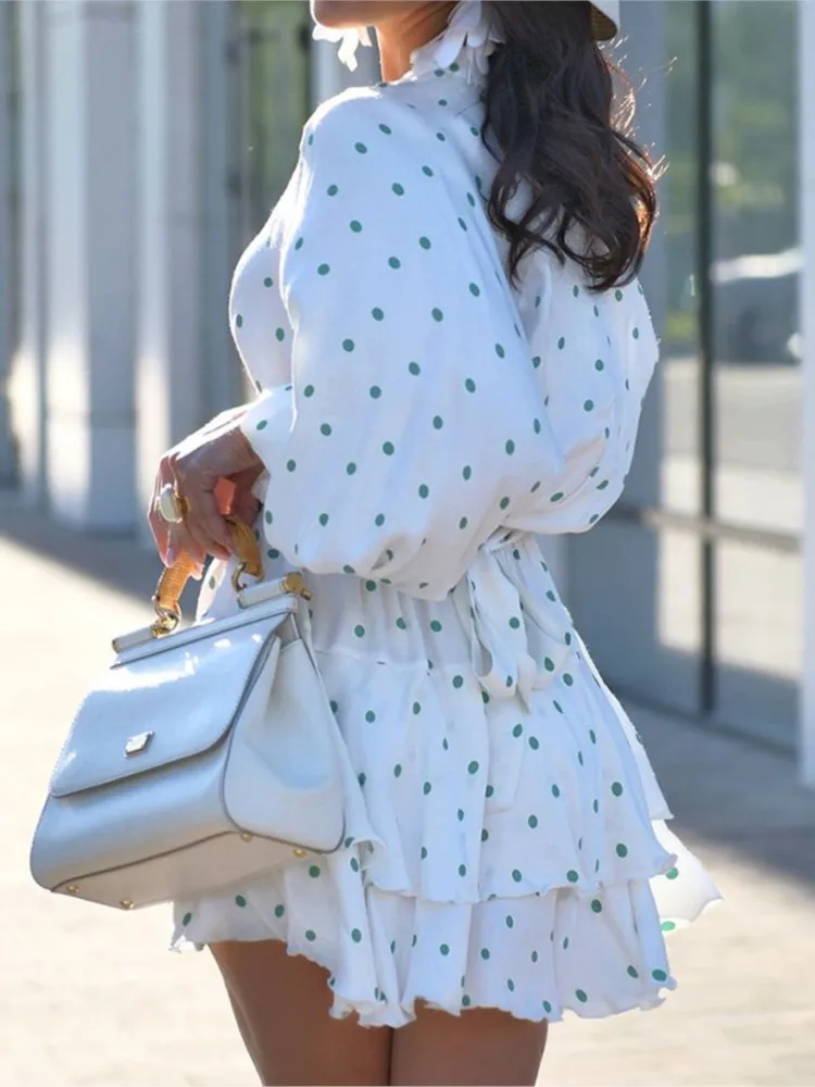 أزياء البولكا نقطة مطبوعة فقاعة كم تنورة قصيرة للنساء الصيف نمط جديد الدانتيل يصل الخصر Cinching كعكة فستان قصير #2
