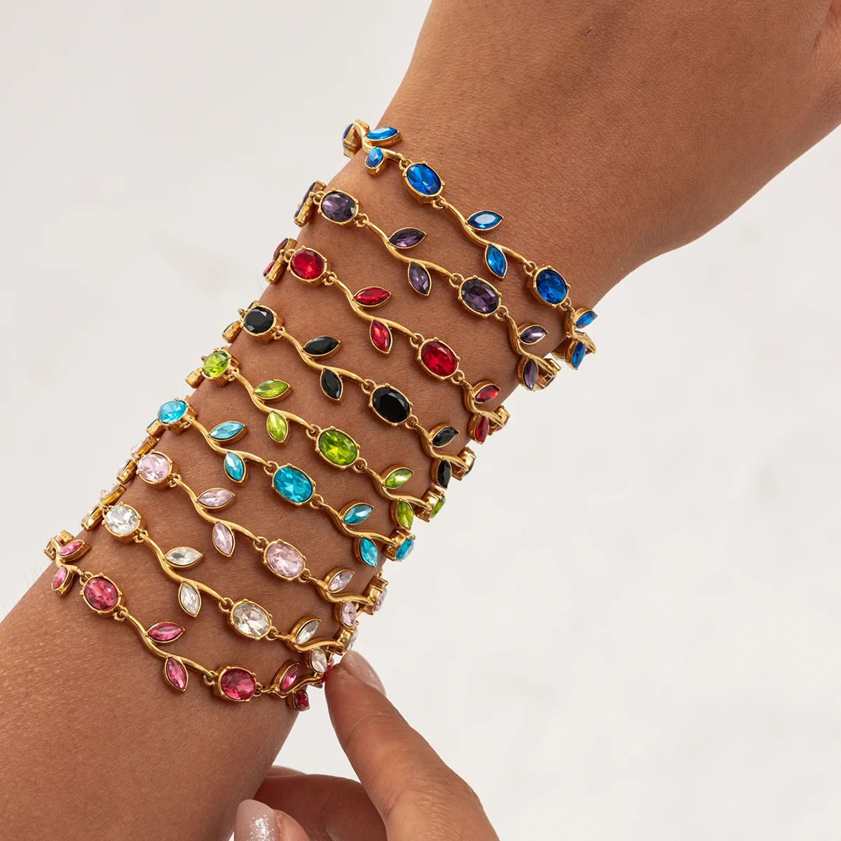 PuRui Retro Colorful Rhinestones Leaves Chain Bracelets for Women Waterproof Stacked 18K Gold Plated Stainless Steel Bracelet