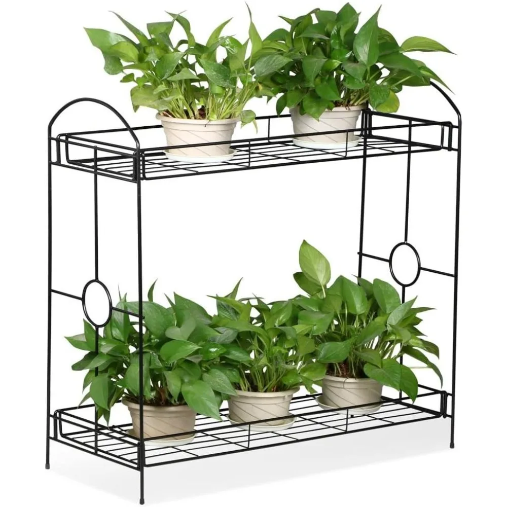 

2-Tier Metal Plant Stand Outdoor/Indoor Flower Stand Rack w/Tray Design for Garden and Home（Black, 33.5Wx 13.4D x 31.9H in）