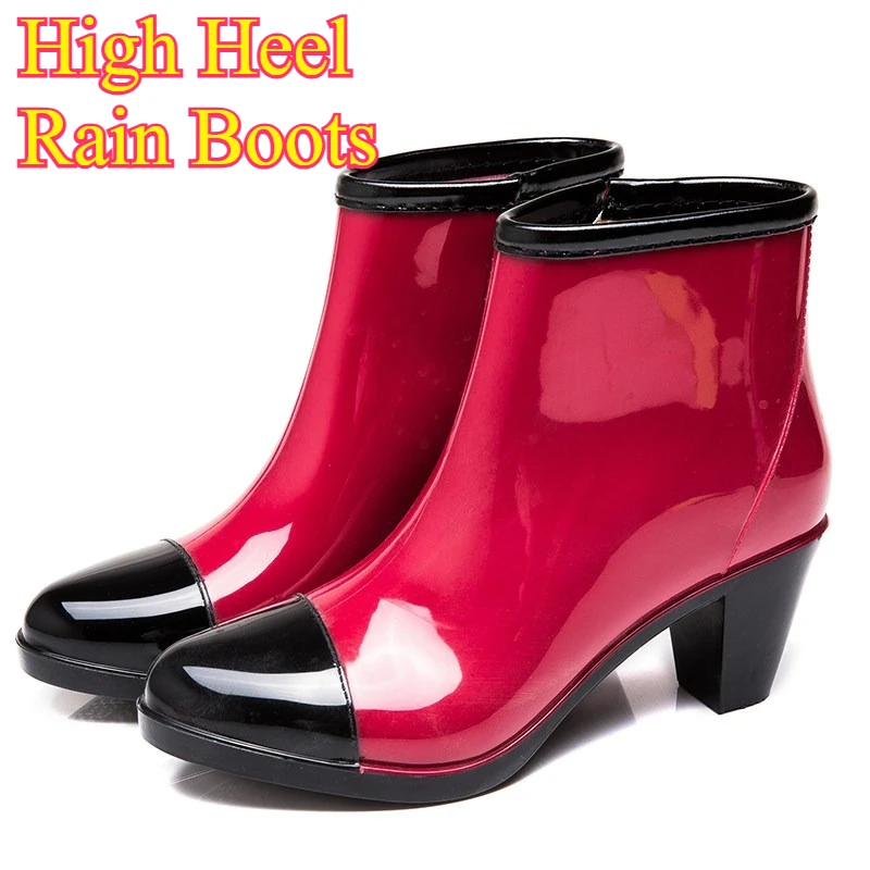 Botas de Lluvia de Tacón Alto para Mujer, Cortas, Impermeables, Antideslizantes, con Plataforma de Goma, Casuales, de Caña Baja, para Primavera y Otoño, a la Moda
