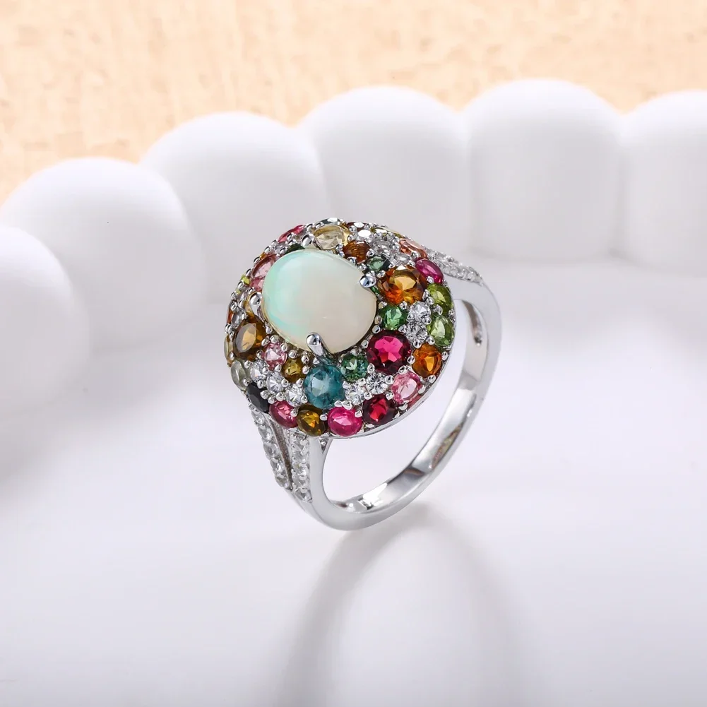 GZ ZONGFA Luxury 925 Sterling Silver 7*9MM Natural Opal Gemstone Rings for Women Engagement Cocktail Party Fine Jewelry