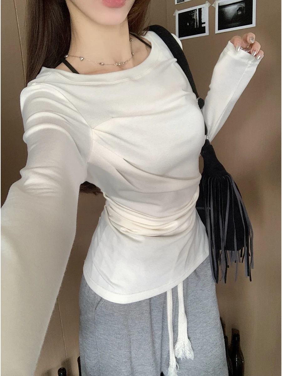 تي شيرت نسائي طويل بقصة ضيقة من Sve بطبقة أساسية، تصميم كوري غير متماثل، ملابس داخلية مريحة تسمح بالتهوية باللون الأبيض #1