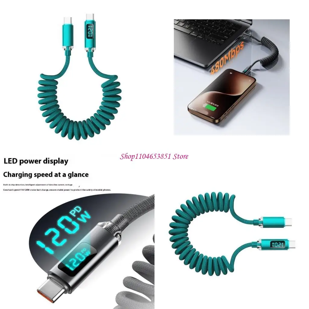 Braided Nylon USB C Fast Charging Cable 120W Power Delivery Retractably Wire 