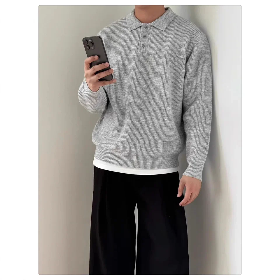 2025 Autumn New Men Fashion Solid Color Loose Long Sleeve Polo Shirt Versatile Elegant Design Simple Style