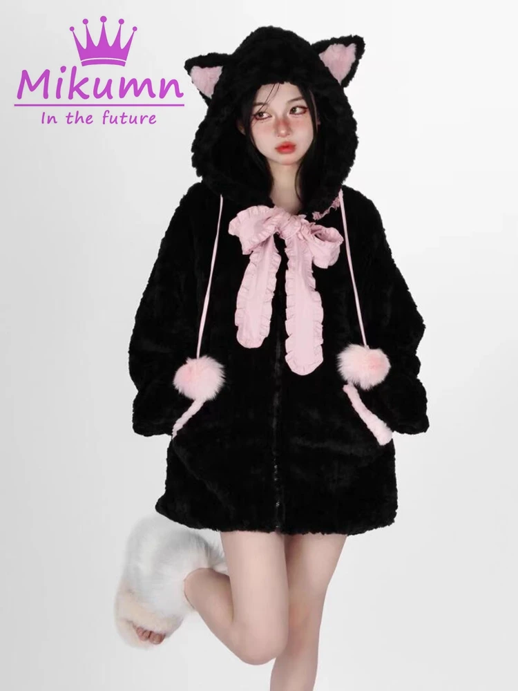 Mikumn Gothic Lolita Kawaii Bow Lace-Up Cat Ears Hoodies Harajuku Y2k Women Autumn Winter Warm Loose Hooded Coats Streetwear