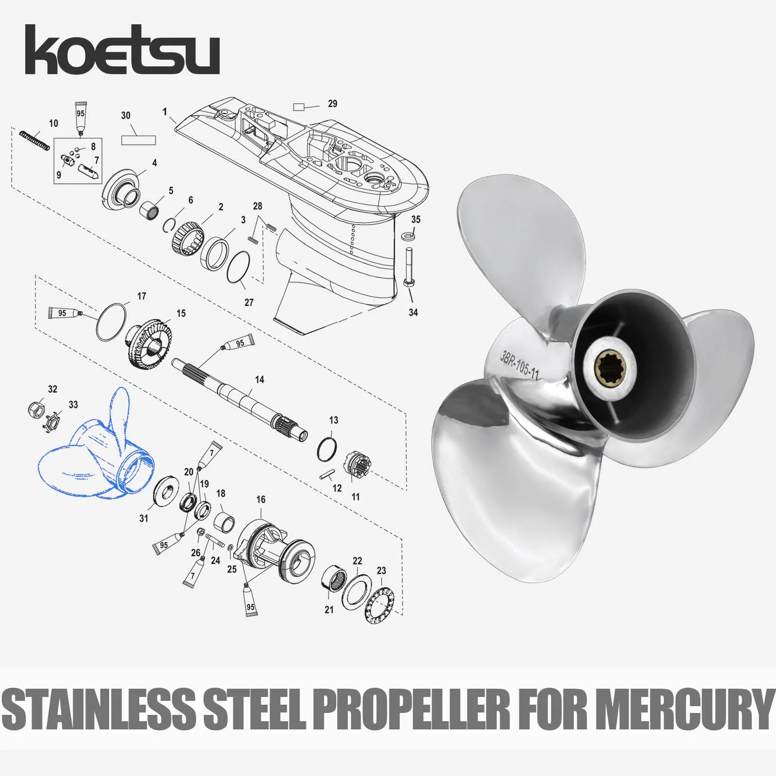 KOETSU Stainless Steel Propeller - For Mercury Outboard Engines 2-Stroke 4-Stroke 9.9-300 HP