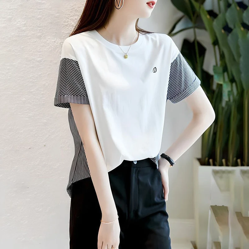 Fashion O-Neck Spliced Embroidery Striped T-Shirts Female Clothing 2024 Summer New Loose Casual Tops All-match Tee Shirt