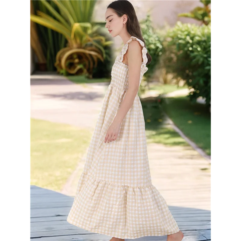 ABP-Vestido largo retro a cuadros para mujer, vestido largo con volantes y tirantes finos