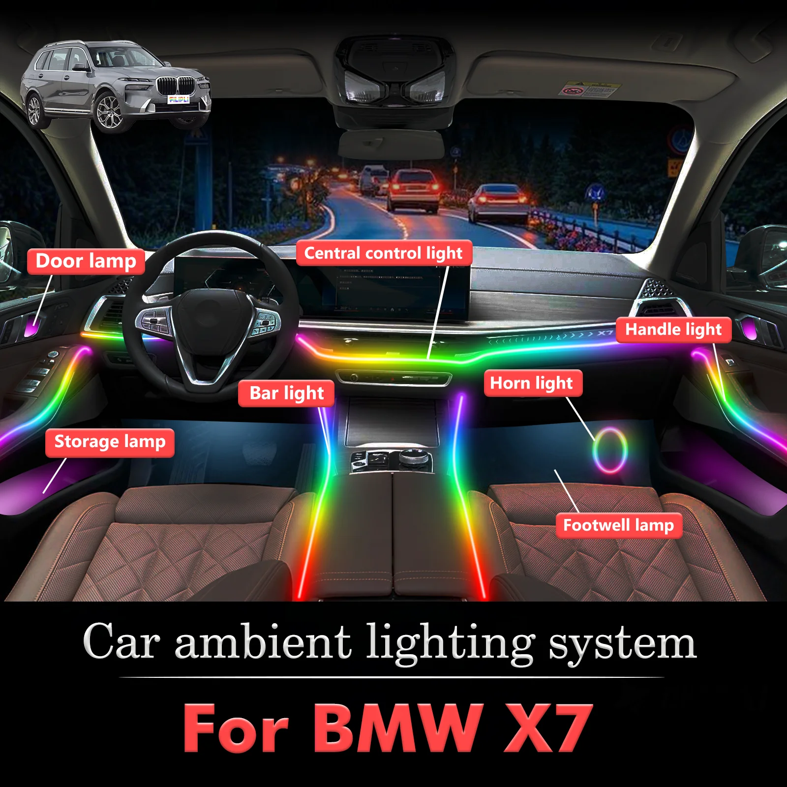 

For BMW X7 Smart Remote Control RGB 64 Colors LED Car Interior Ambient Light Energy Saving Efficient Lamp Kit
