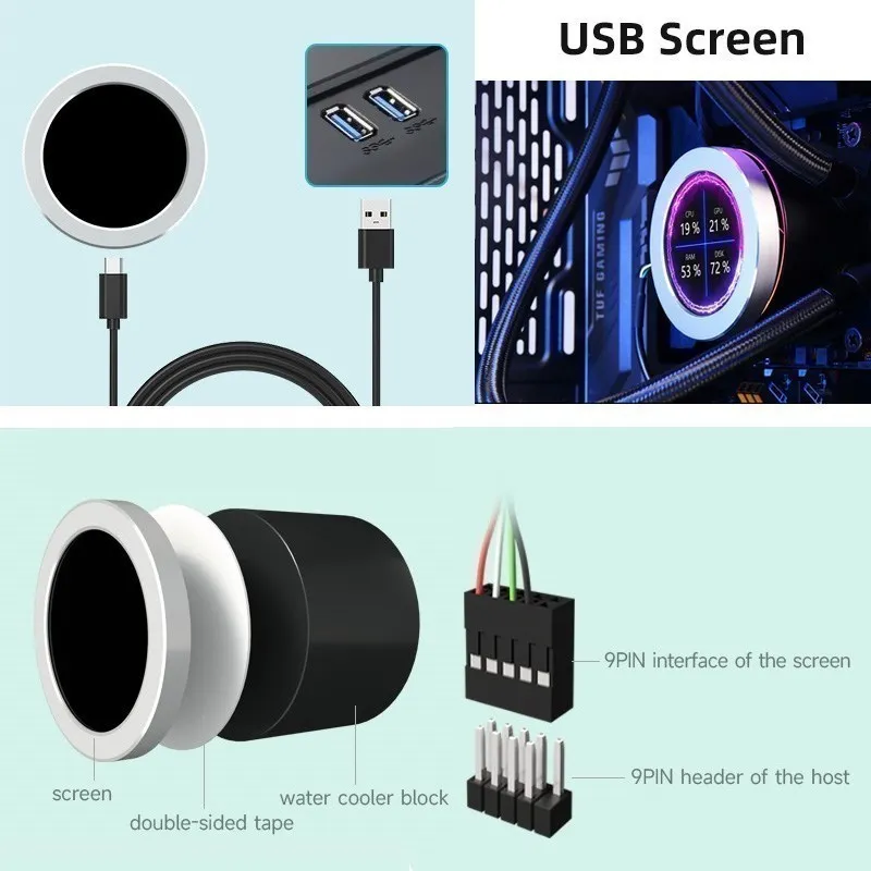 Monitor USB da 2.1 / 2.8 pollici schermo di raffreddamento dell'acqua custodia per PC LCD secondario 480x480 analisi dello spettro musicale CPU RAM monitoraggio GPU