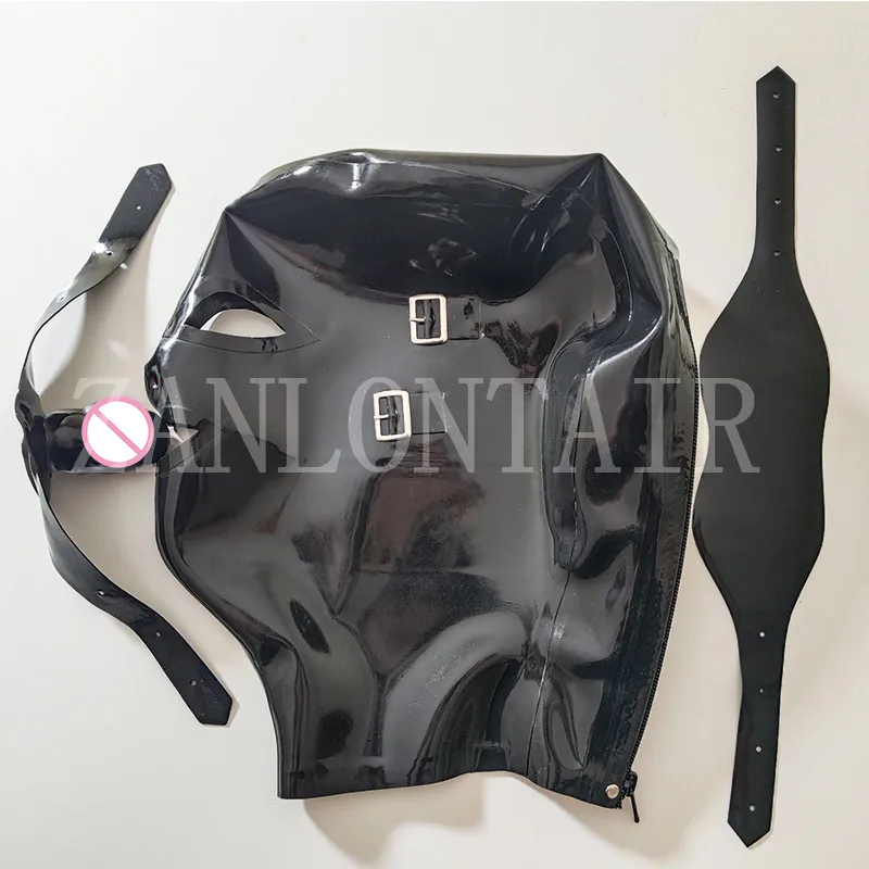 Personal Customize Exotic Latex Rubber Hoods with Nose Tube Mouth Teeth Gag Plug Eyeshade Open Eyes and Mouth Cover Mask Zip