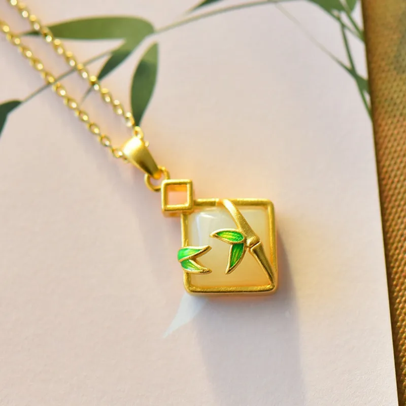 

Натуральное нефритовое ожерелье GL из хэтяньского нефрита, кулон для Ханьфу, позолоченное серебро 925 пробы, с эмалью и инкрустацией бамбуком, квадратное нефритовое ожерелье, идеальный подарок