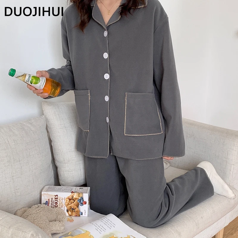 DUOJIHUI Ins Solid Color Thick Warm Pajamas for Women New Chic Single Breasted Long Loose Casual Pant Fashion Female Pajamas Set