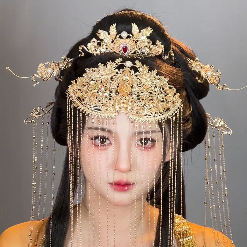 

Chinese Ancient Costume Headwear Long Tassel Classical Hair Crown Hair Ornaments Hairpin Women Hair Crown Full Set Accessories