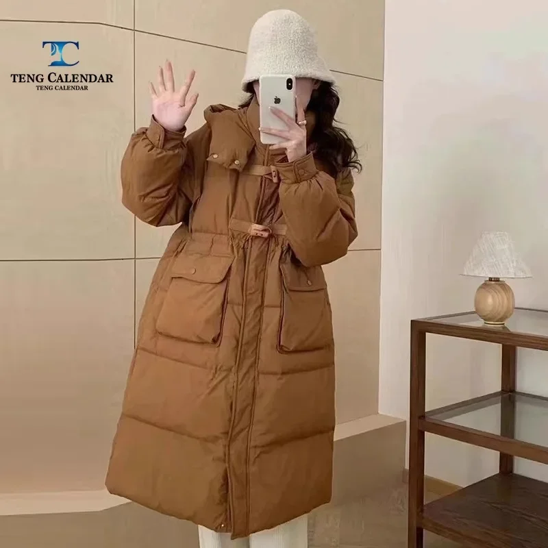 Women's Bull Horn Button Down Jacket, Thick Hooded Jacket, Cinched Waist Jacket, Large Pocket Jacket, High-End Fashion, Winter,