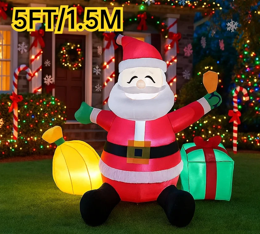 Decoraciones navideñas de 5 pies, Papá Noel inflable con galleta y bolsa de regalo, juguetes, adornos para el patio del hogar, juguete de decoración navideña LED