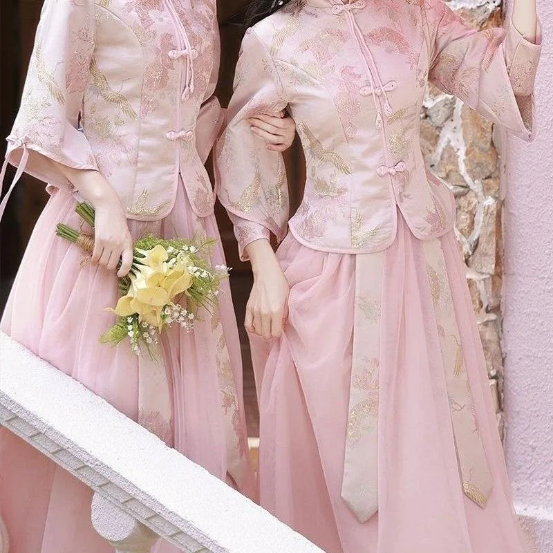 Bridesmaid Clothes Chinese Style 2025 Autumn Winter Women New National Style Dress Small Cheongsam Sister Group Bridesmaid Skirt