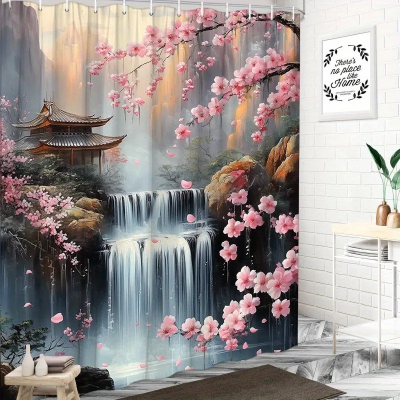 Retro Plum Blossom & Waterfall Printed Polyester Shower Curtain – Washable, Dirt-Resistant Waterproof Bath Decor for Home Use