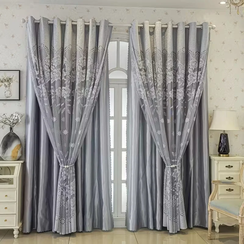 1pc Modern Luxury Double Layer Blackout Curtains, Dual Block Protection, Elegant Dark Floral Design for Home Decor