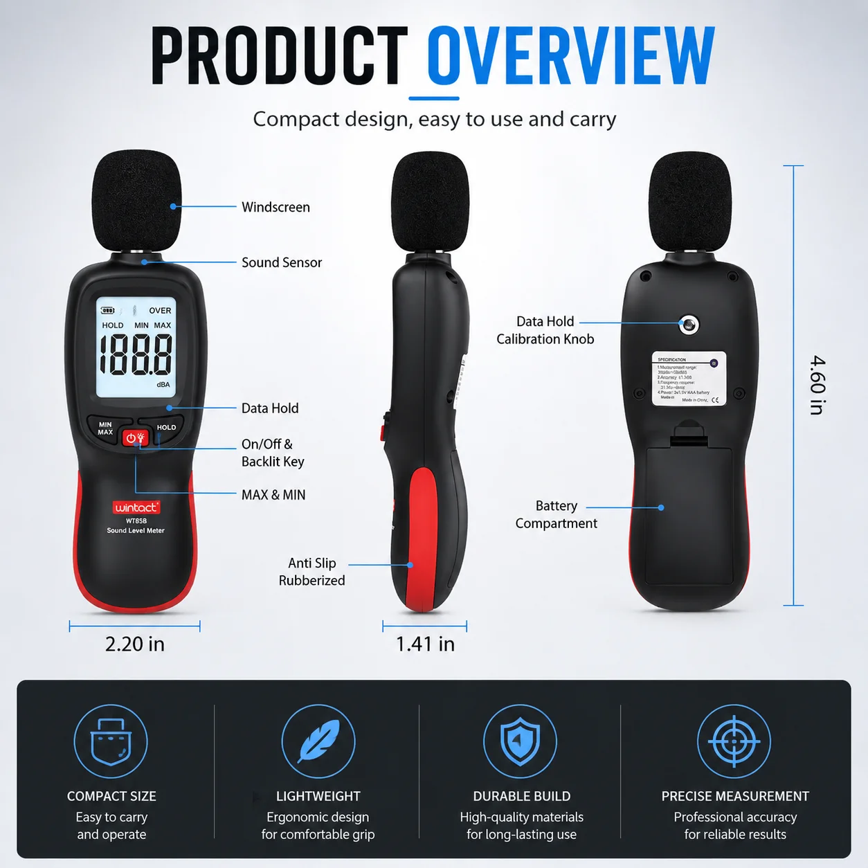 Decibel Meter Bluetooth, Portable Sound Level Meter with Data Logging, Can Fit with Smartphone App Recording, 30 to 130dBA