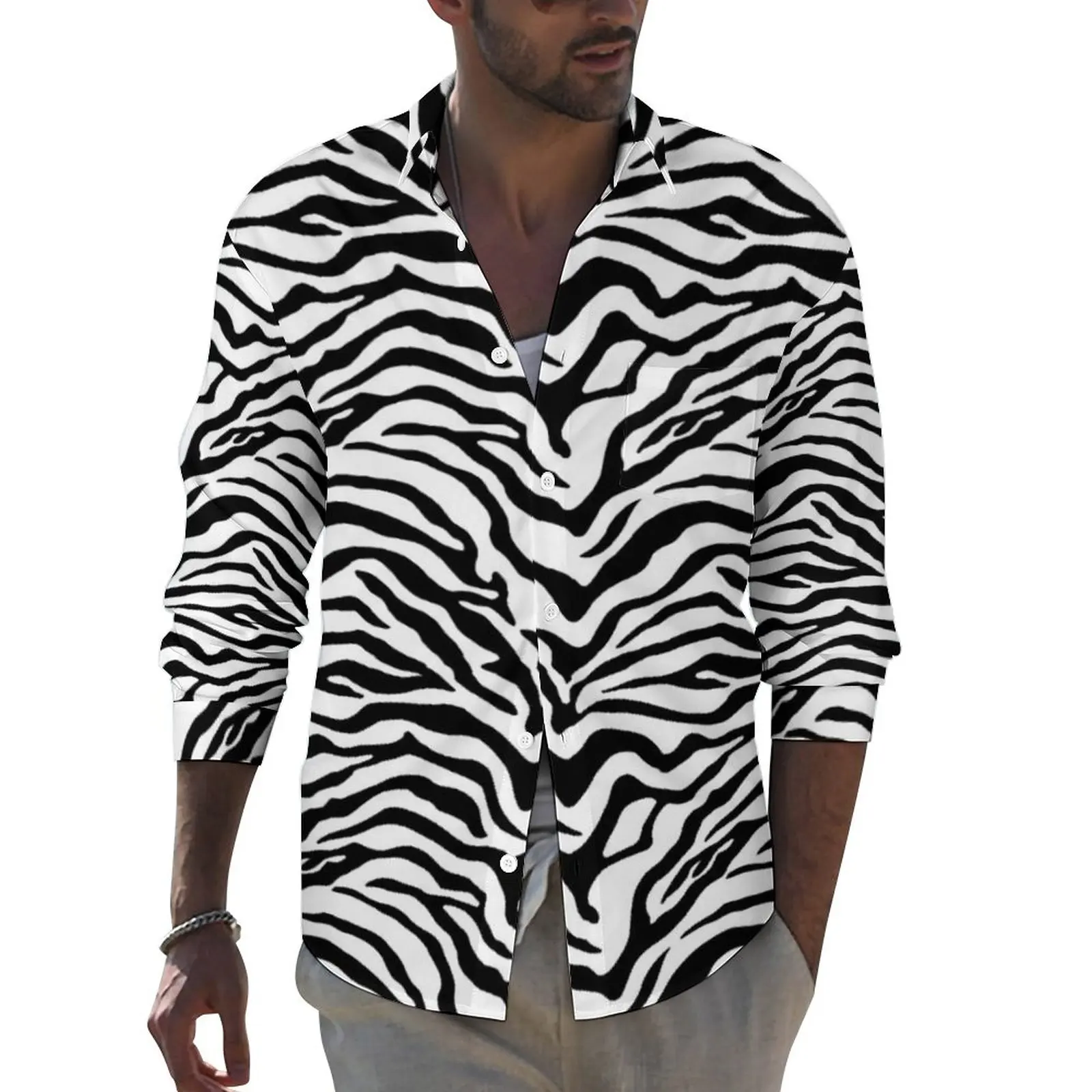 Black And White Zebra Shirt Spring Striped Print Casual Shirts Men Cool Blouses Long Sleeve Graphic Y2K Tops Large Size