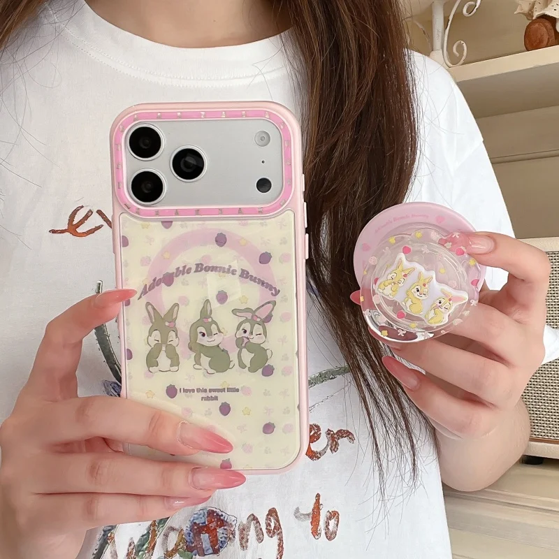 

Kawaii Cartoon Glitter Ratbbi Strawberry Magnetic Phone Case For iPhone 17 Pro 16 15 Pro Max Cover with Stand Shockproof Cases C