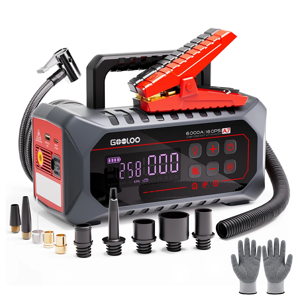 GOOLOO 24000mAh Tragbarer Starthilfe-Powerbank mit 160PSI Luftpumpe, 12V Auto-Booster für Benzin- und Diesel-Fahrzeuge, Batterie-Starter und Powerbank für Fahrzeugmotoren