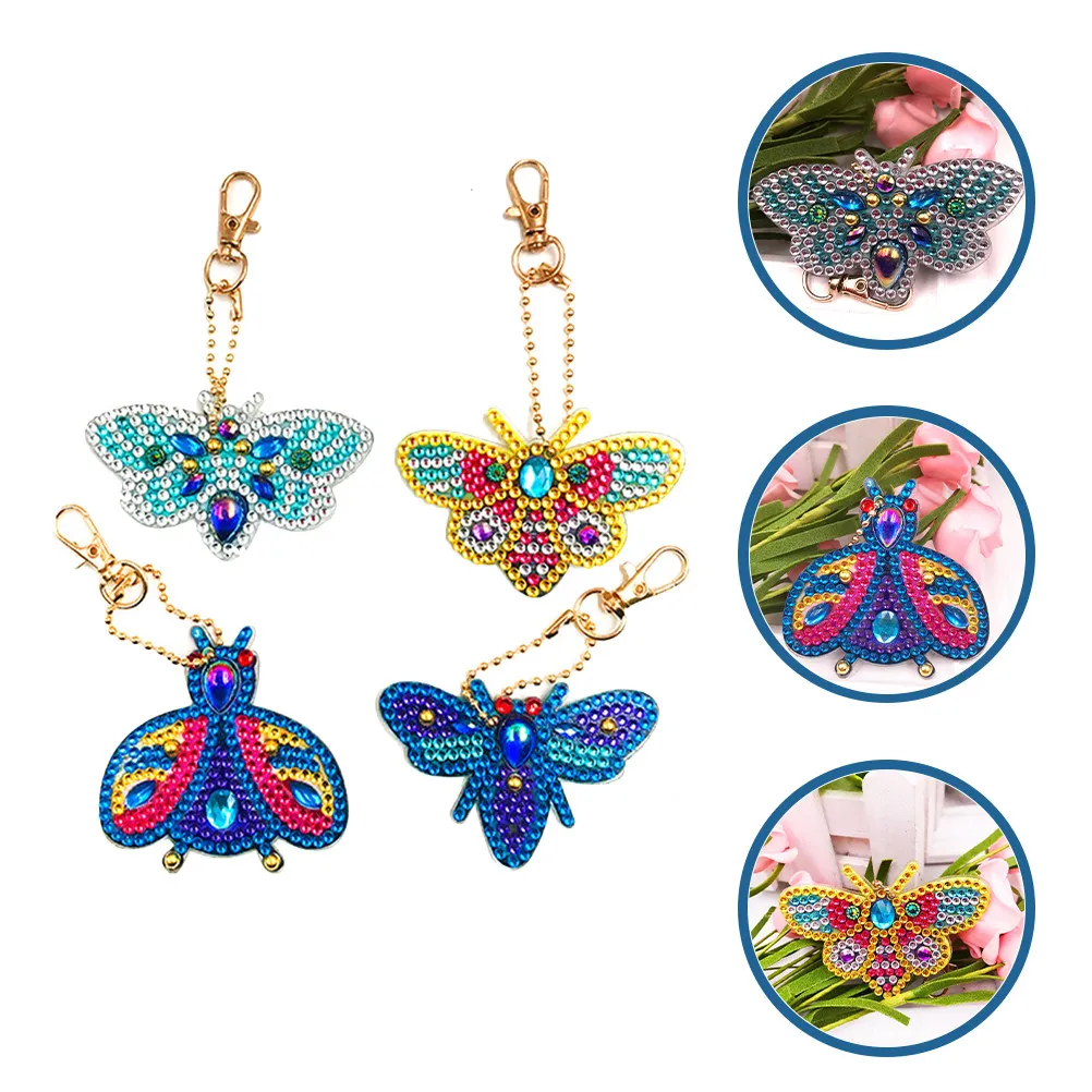 4Pcs Diamond Art Keychains DIY Cartoon Butterfly Bee Rhinestone Craft Kit Bag Accessory Mobile Charm Phone Case Pendant
