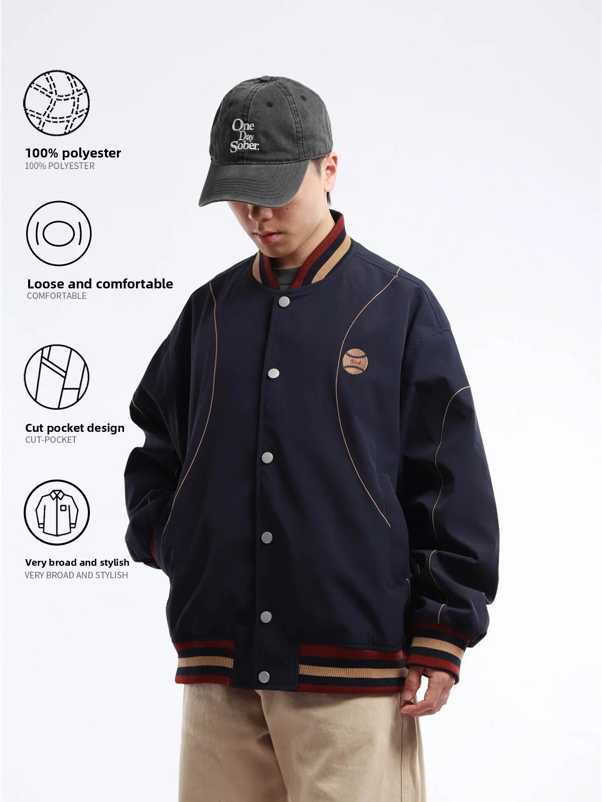 Lightweight Waterproof Retro Sport Style Baseball Jacket Commute Casual Outerwear Anti Splash  Jacket Polyester Material