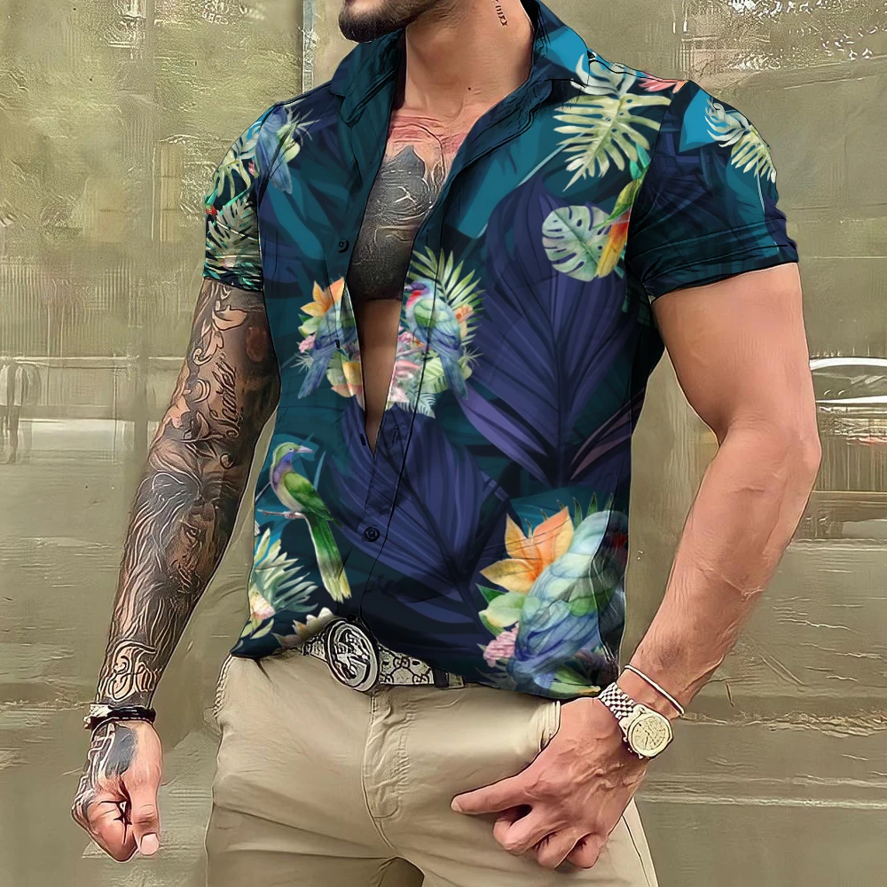 2024 Hawaiian Leaf Plant Shirts For Men Floral Short Sleeve Casual Oversized Tops Social Everyday Streetwear Clothing Tropical