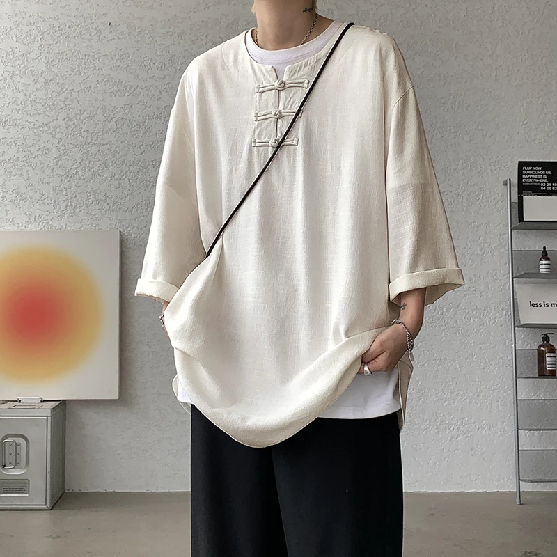 

Мужская футболка из льна и хлопка, летняя новинка в китайском стиле, модная, с круглым вырезом, дышащая, свободного кроя