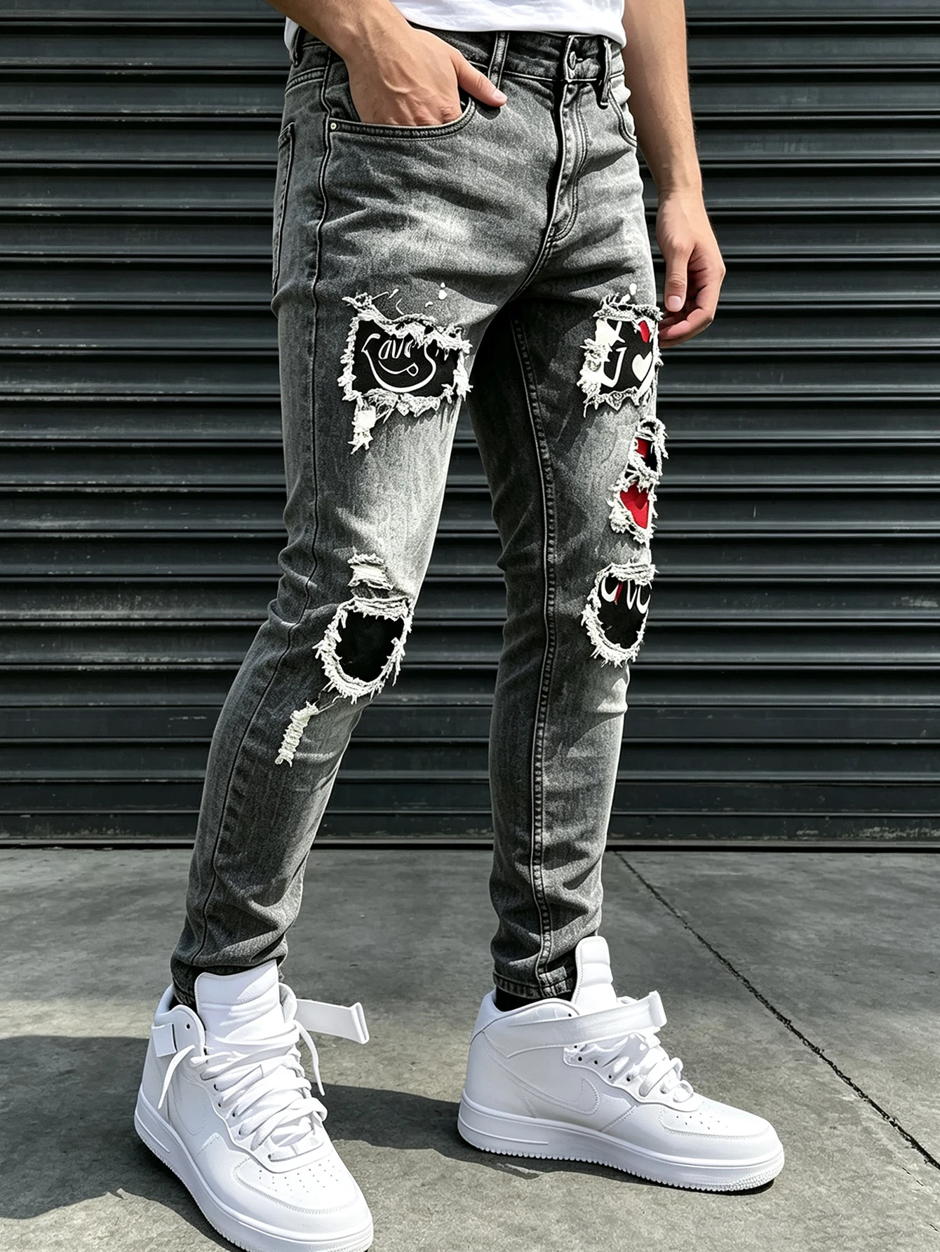 Men's jeans, street hip-hop style graffiti, ripped jeans, distressed washed, slimming, slimming, multifunctional casual versatile slim pants