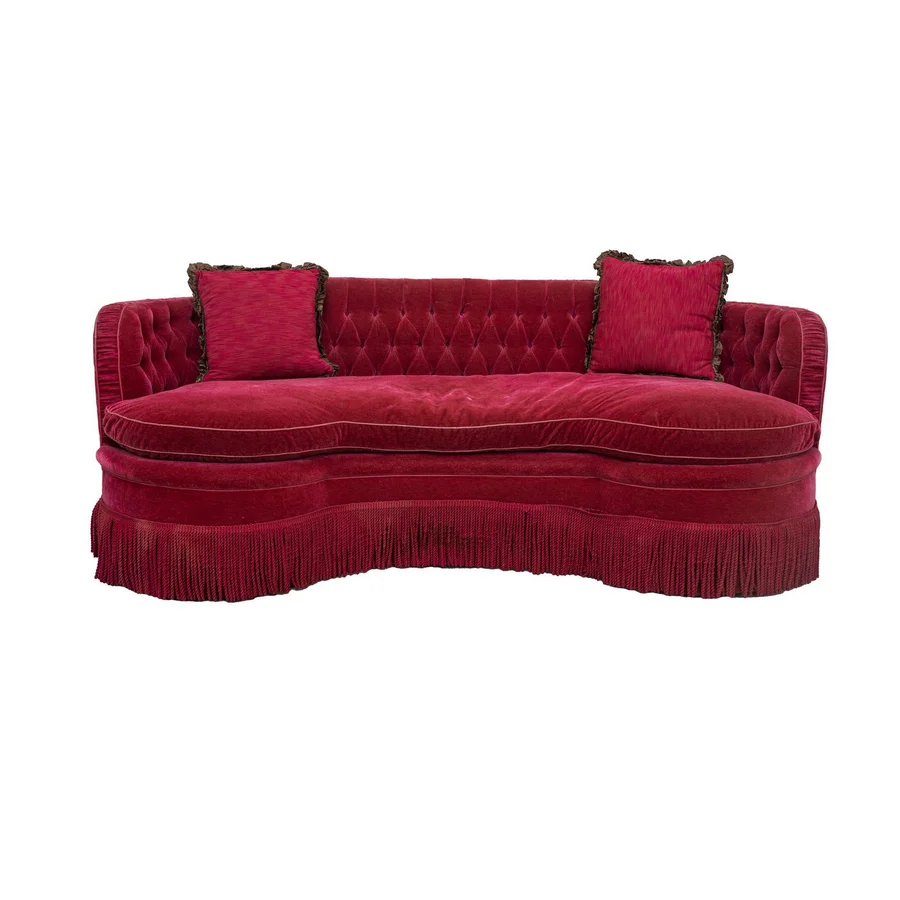 #French Empire Style LivingRoom Curved Button Tufted Red Mohair Upholstered Fringed Sofa Hotel Lobby Couch with Tassels for Sale