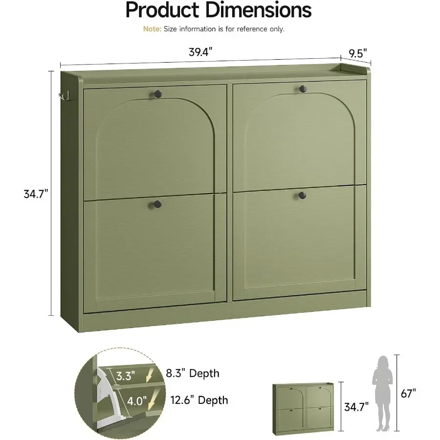 Shoe Cabinet with 4 Flip Drawers and 2 Side Hooks for Entryway