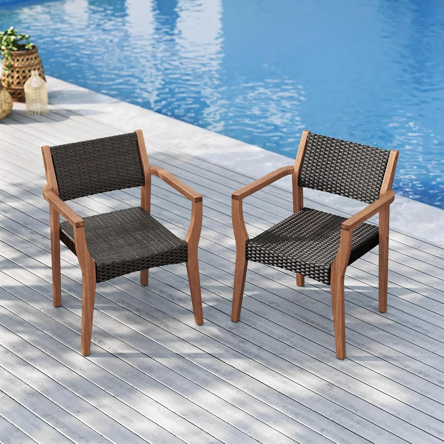 

Patio Dining Chair Set of 2, Outdoor Rattan Wicker Dining Chairs with Sturdy Acacia Wood Frame,Weather Resistant, Customized