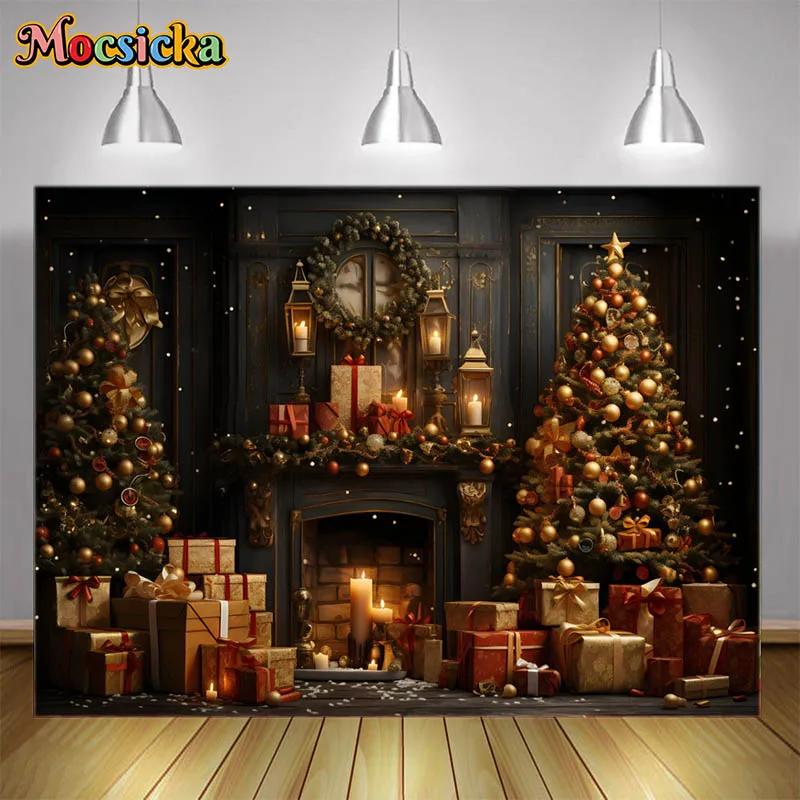 

Photography Background Winter Christmas Vintage Fireplace Snow Xmas Tree Kid Family Portrait Decorations Backdrop Photo Studio