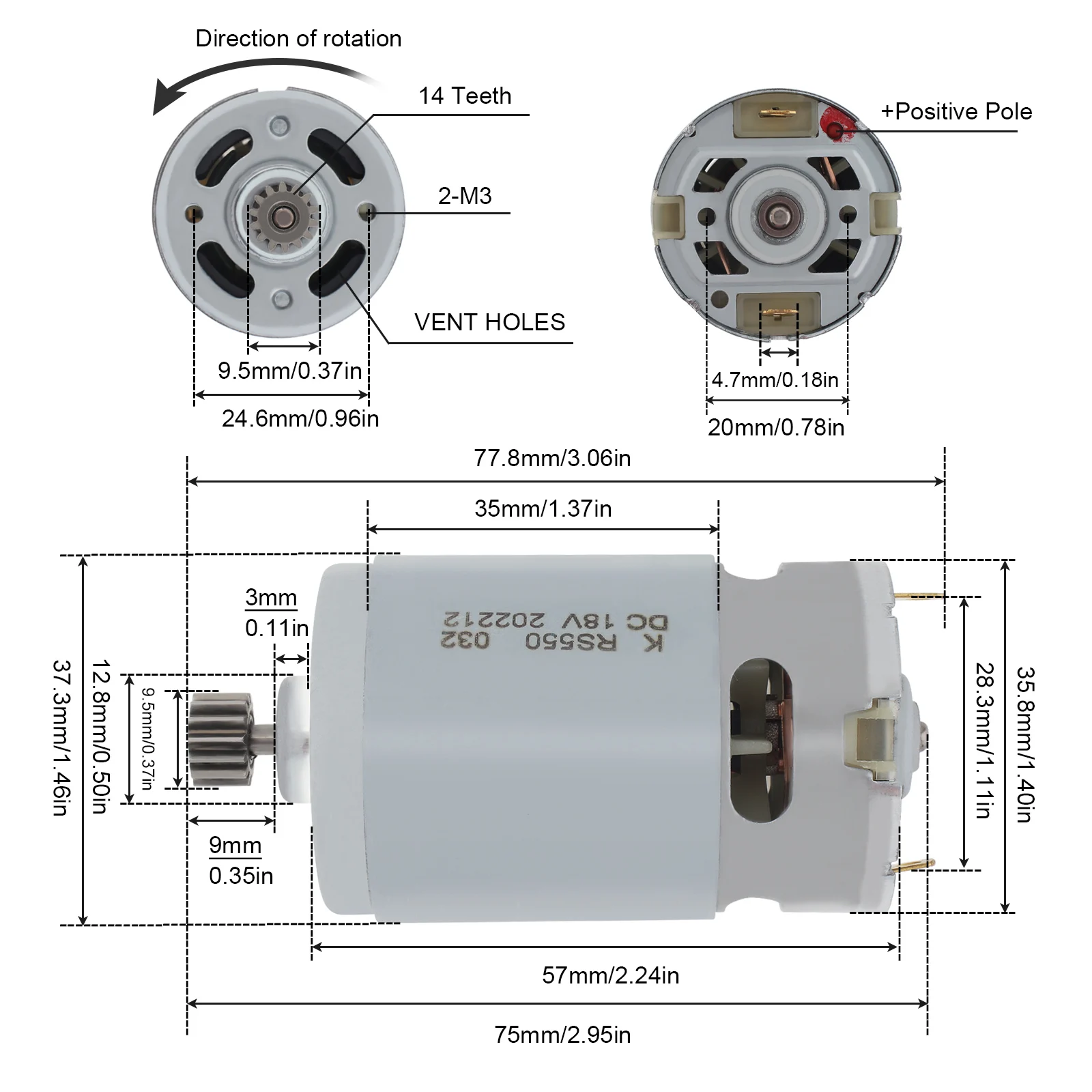 RS550 DC Motor 14 Teeth 18V Geared Motor Fit for Metabo BS18 Percussion