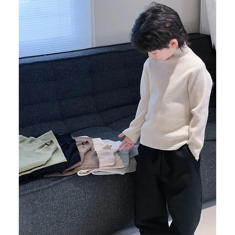 Children's sweater bottoming shirt Boys' knitted sweater Baby semi-turtleneck warm inner 2024 children's autumn and winter top