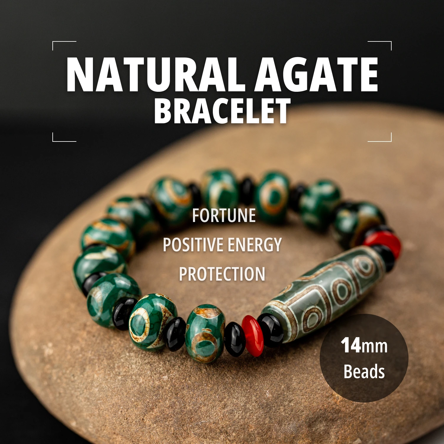 

14mm Natural Stone Bracelet Green Agate Beads Bracelet 9-Eyed Dzi Beads Healing Stone Bracelet Best Gifts for Man Women