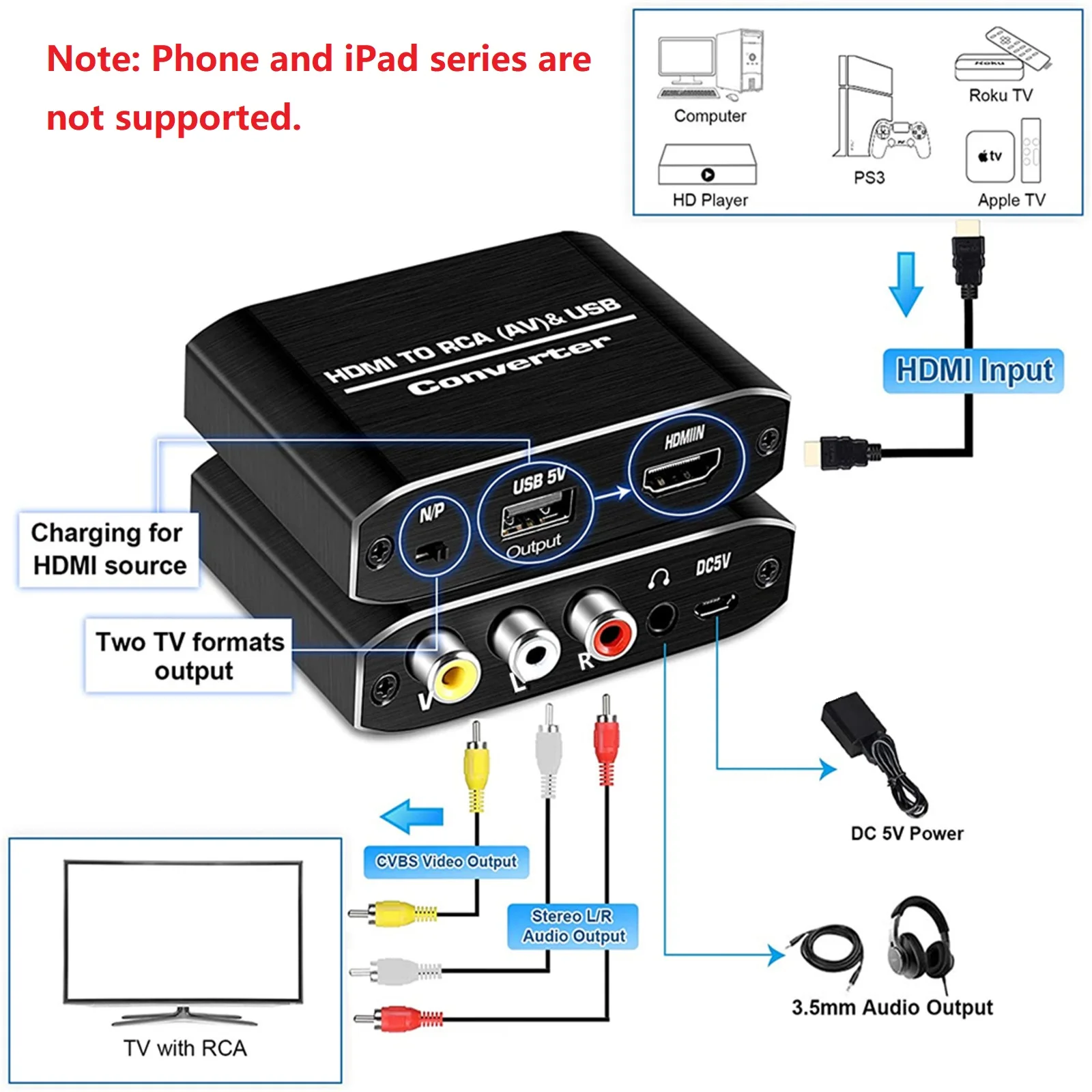 Imagem -06 - Conversor Compatível com Hdmi para Rca av Cvsb l r Caixa de Vídeo hd 1920*1080 Hdmi2av Suporta Saída Ntsc Pal 1080p