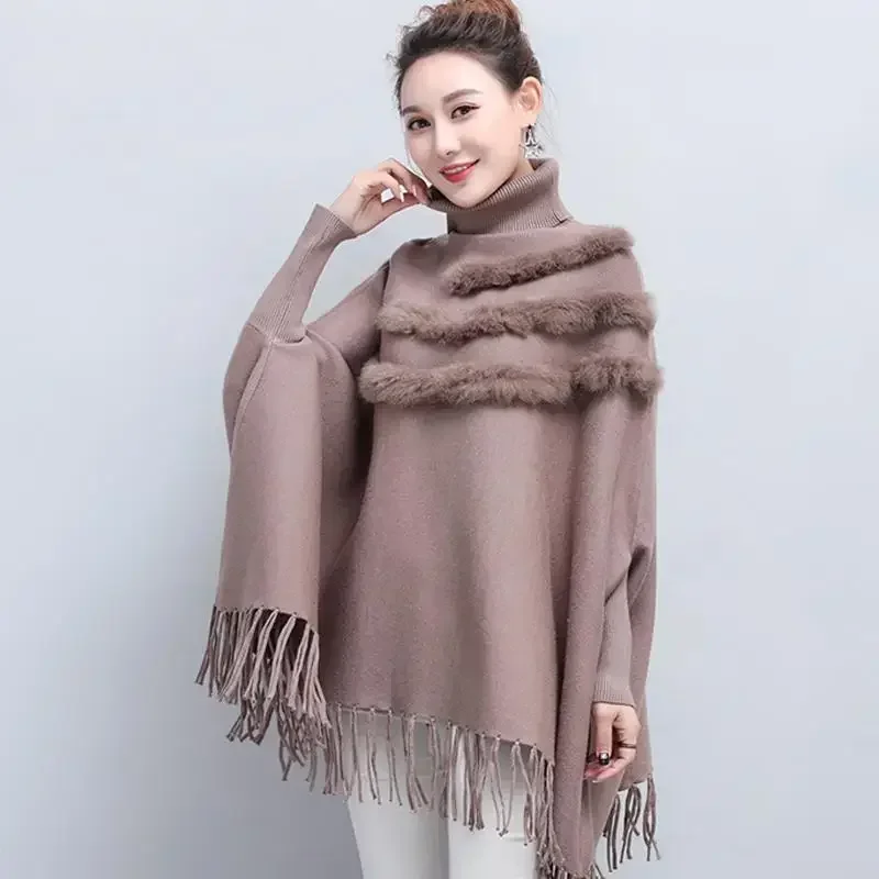 

Autumn and winter loose tassel medium long cape shawl women's high neck sweater pullover bata shirt thick