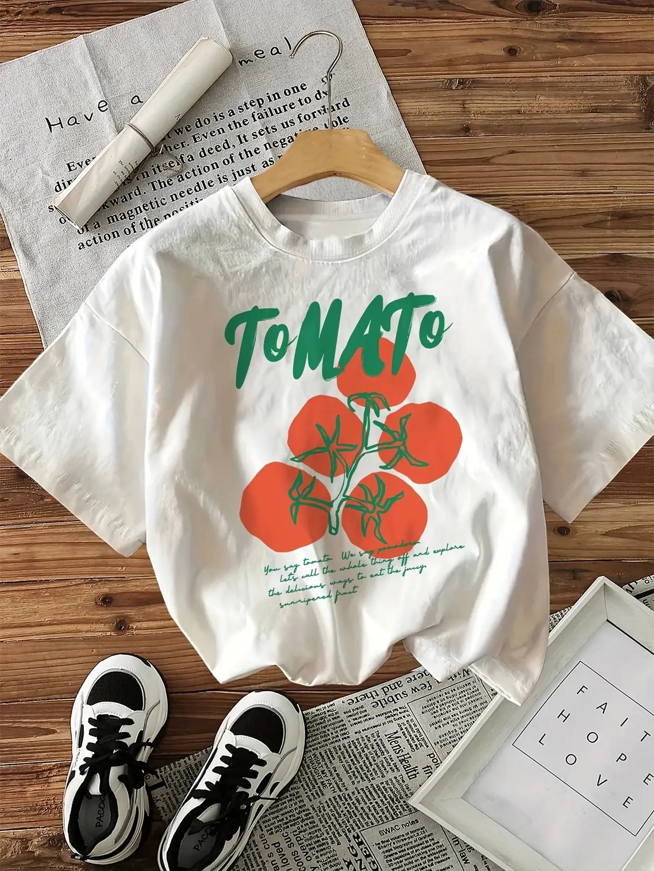 

Plus - Size Fresh Vegetable Tee, White Short - Sleeve with Tomato & Text Pattern
