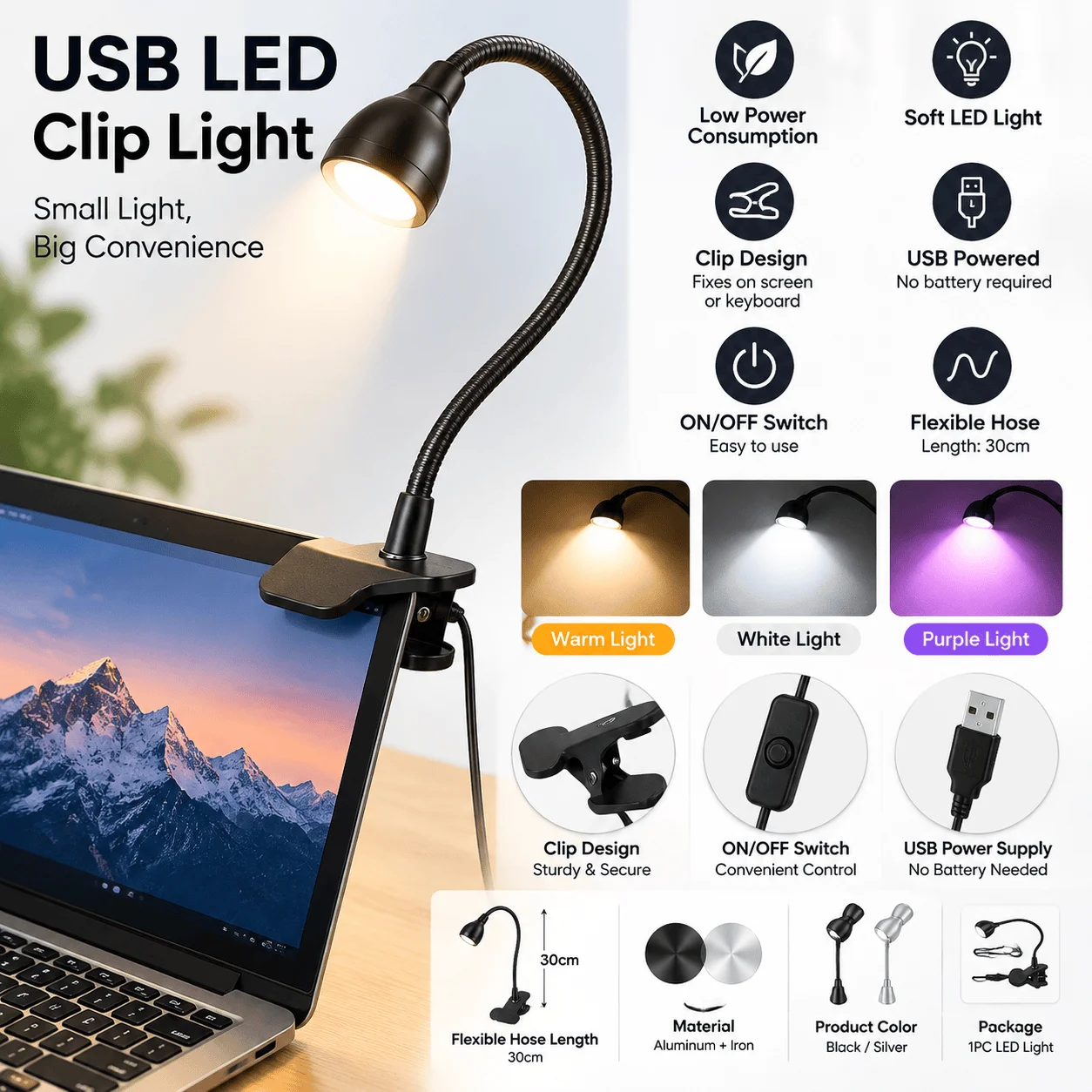 USB Clip Lamp Flexible LED Desk Lamp Clip 3W with Flexible Hose USB Power Supply for Reading Book Computer and Study Light for Home Office Dorm and Bedroom Reading Working Studying