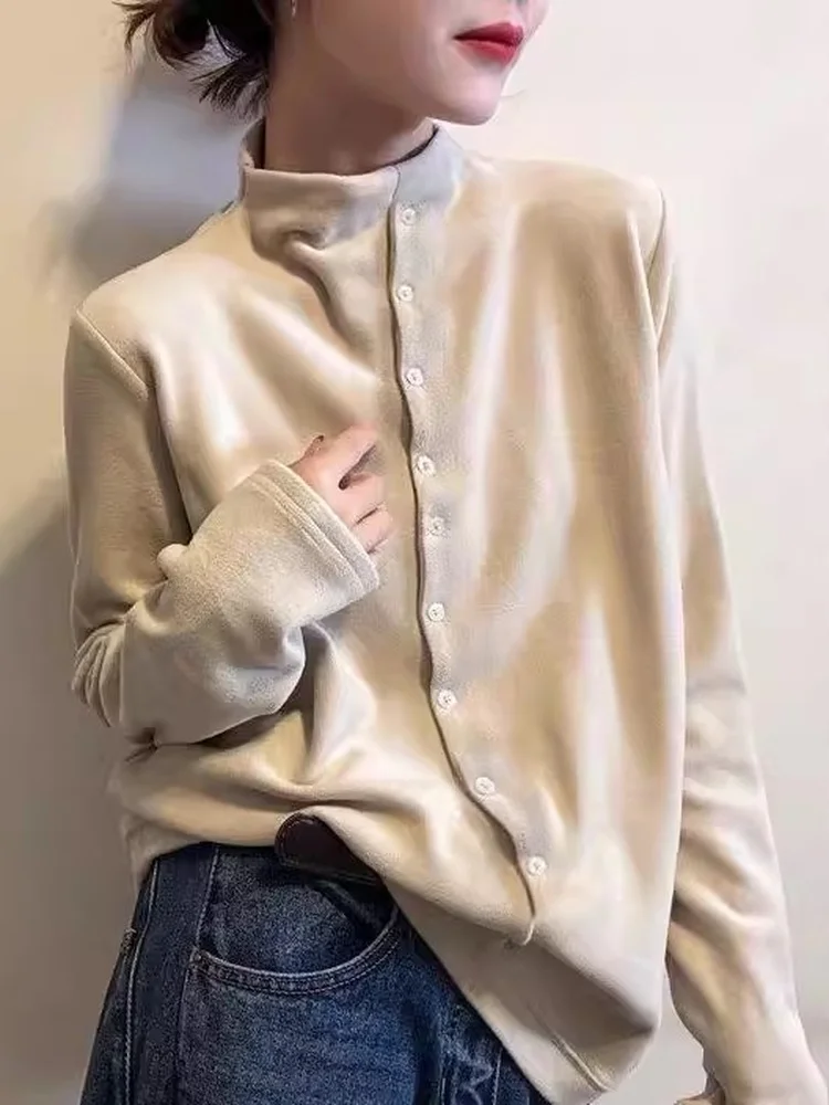 

Женская утепленная кофта с воротником-стойкой и длинными рукавами в корейском стиле для зимы, весны и осени