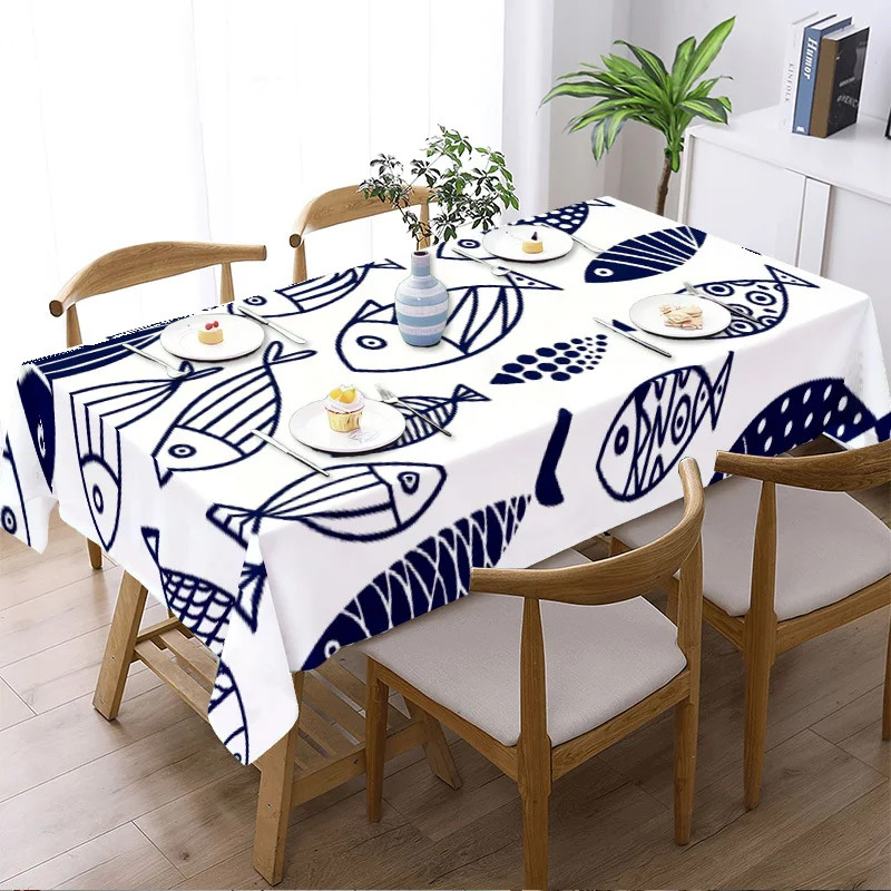 2D Flat Tablecloth 1pc - Blue and White Hand-painted Small Fish 2D Planar Rectangular Tablecloth (yzb)