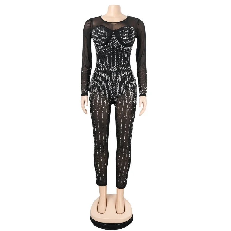 Sexy See Through Diamonds Hot Rhinestones Jumpsuit Spring Clothes Women O-Neck Long Rompers Playsuits One Pieces Overalls Outfit