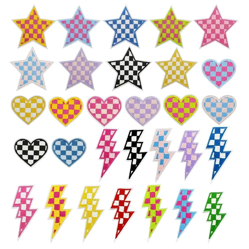 

30 PCS Checkered Iron on Patches Multicolor Racing Heart Star Lightning Embroidered Appliques for Clothing Trucker Hats Jeans