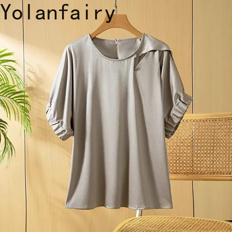 YOLANFAIRY 93%Real Mulberry Silk T Shirts for Women New Summer 2026 Short Sleeve Satin Tops Elegant Blouse Woman Tee Shirt Femme