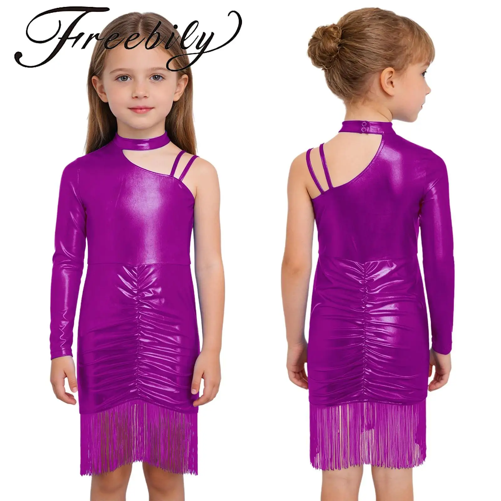 

Kids Girls Tassels Latin Dress Metallic Dance Dress Asymmetrical Shoulder Ruched Dress for Stage Performance Competition